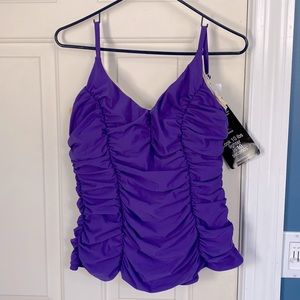 Purple rouched miraclesuit tankini top NWT with wire cup & adjustable straps